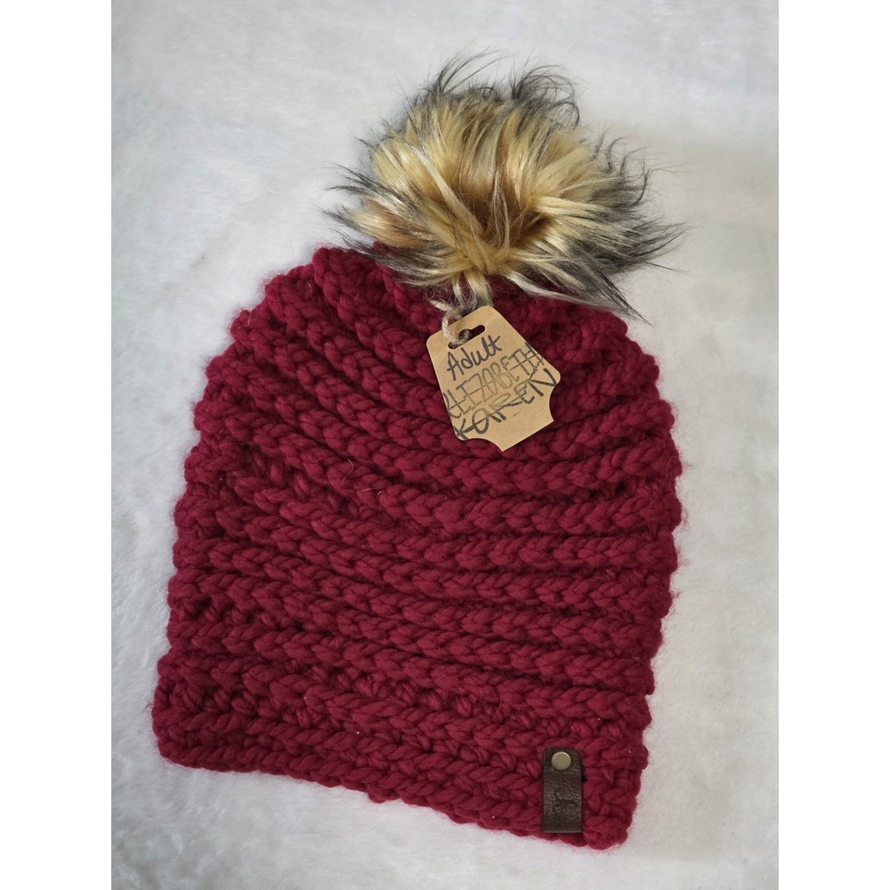 Adult One Size red crocheted beanies large faux fur pom pom winter fall hat